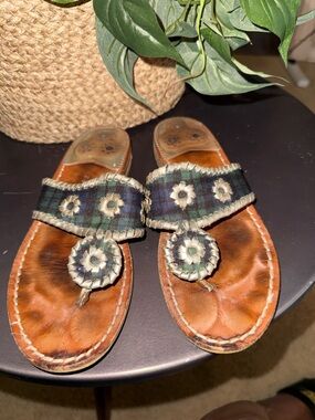 Jack Rogers Tartan Leather and Silver Sandals with Floral Embroidery Size 6